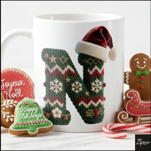 クリスマスのニットセーターの文字Nサンタ帽子 コーヒーマグカップ