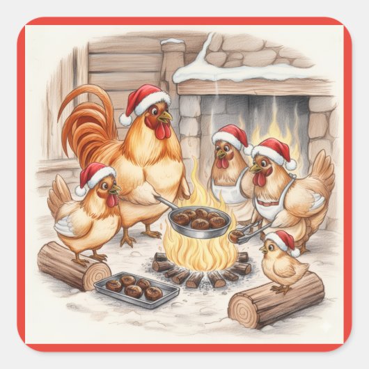 クリスマスのニワトリが栗を焼く、ステッカー スクエアシール (正面)