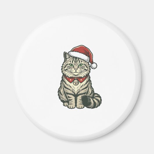 クリスマスのネコ サンタの帽子 ビンテージの彫刻デザイン_1 マグネット (正面)