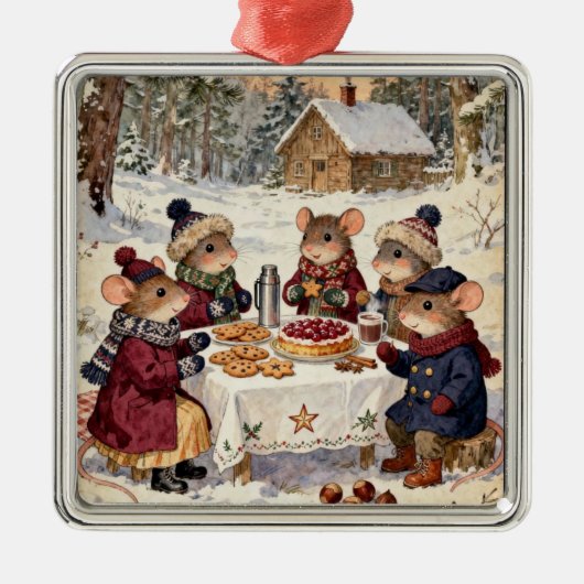 クリスマスのネズミの家族 メタルオーナメント (正面)