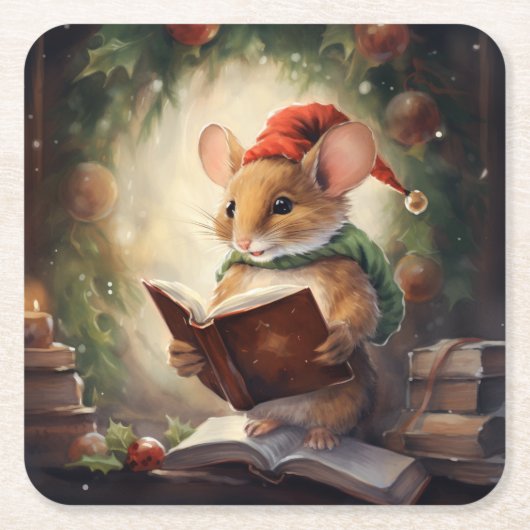 クリスマスのネズミの読書 スクエアペーパーコースター (正面)