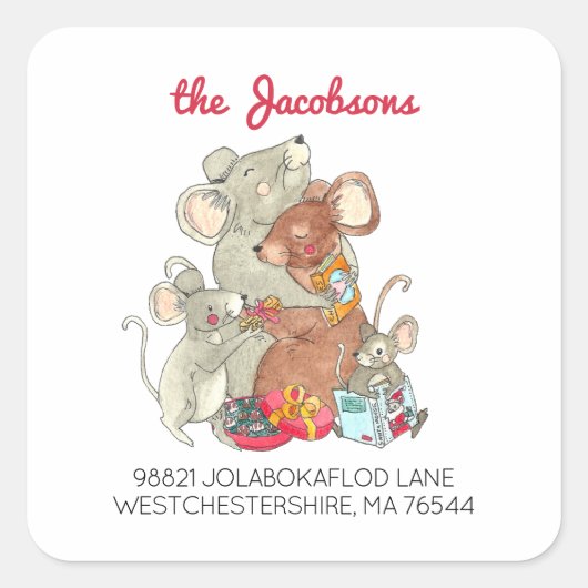 クリスマスのネズミ家族 4人の差出人住所 スクエアシール (正面)