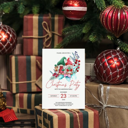 クリスマスのノームとポインセチアの招待状 招待状