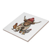 クリスマスのハイランドカウとニワトリのビンテージ風彫刻 タイル (側面)