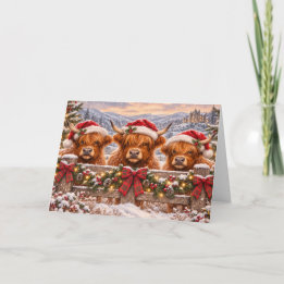 クリスマスのハイランド・カウ – 祭りの水彩画アート カード