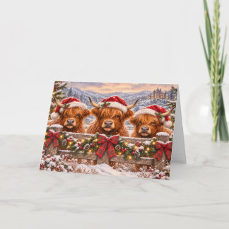 クリスマスのハイランド・カウ – 祭りの水彩画アート カード