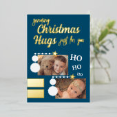 クリスマスのハグに写真を追加 青と白 箔シーズンカード (立ち正面)