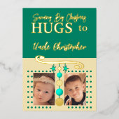 クリスマスのハグ おじさん 写真追加 金 緑 箔シーズンカード (正面)