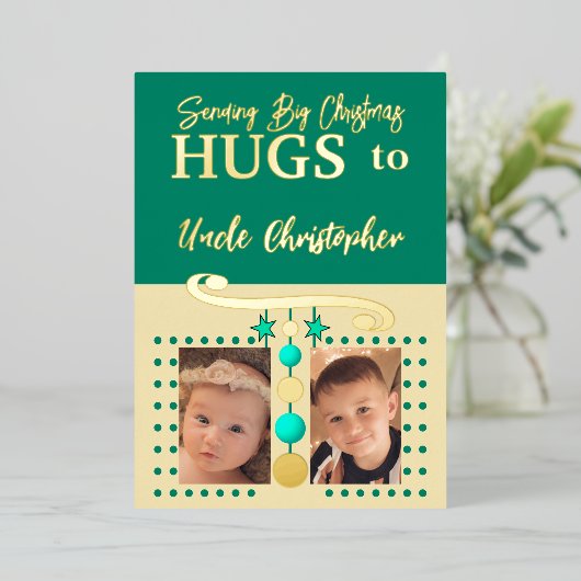 クリスマスのハグ おじさん 写真追加 金 緑 箔シーズンカード (立ち正面)