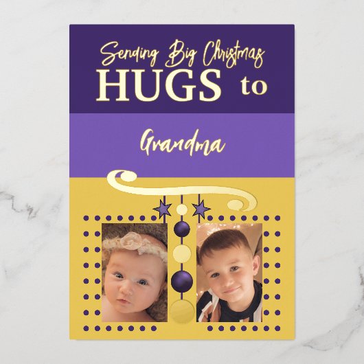 クリスマスのハグ おばあちゃん 写真追加 ゴールド パープル 箔シーズンカード (正面)
