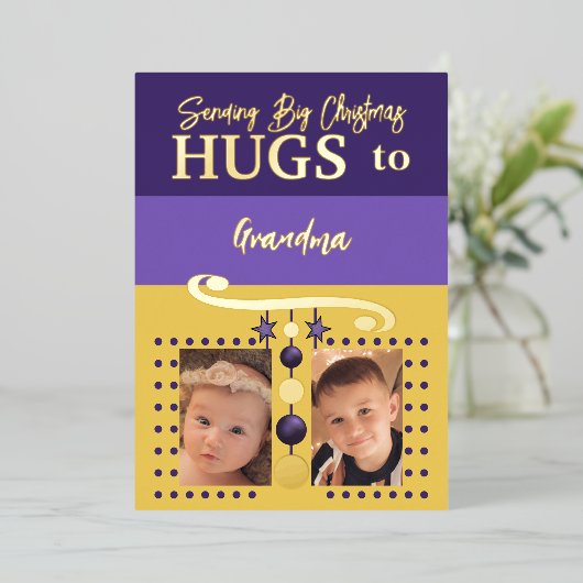 クリスマスのハグ おばあちゃん 写真追加 ゴールド パープル 箔シーズンカード (立ち正面)