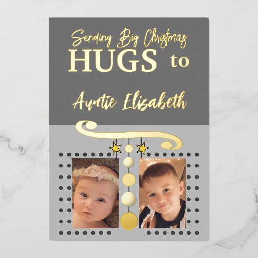 クリスマスのハグ おばさん 写真追加 ゴールド グレー 箔シーズンカード (正面)