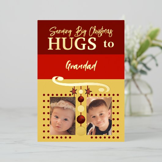 クリスマスのハグ 祖父 写真を追加 ゴールド バーガンディ 箔シーズンカード (立ち正面)
