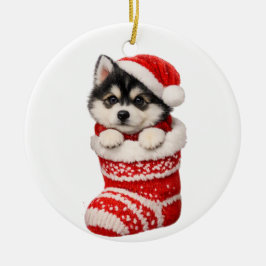 クリスマスのハスキー子犬 セラミックオーナメント