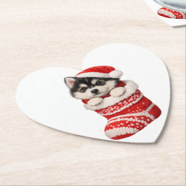 クリスマスのハスキー子犬 ペーパーコースター