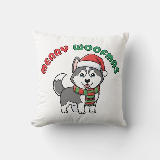 クリスマスのハスキー枕:メリーウーフマス クッション (正面)
