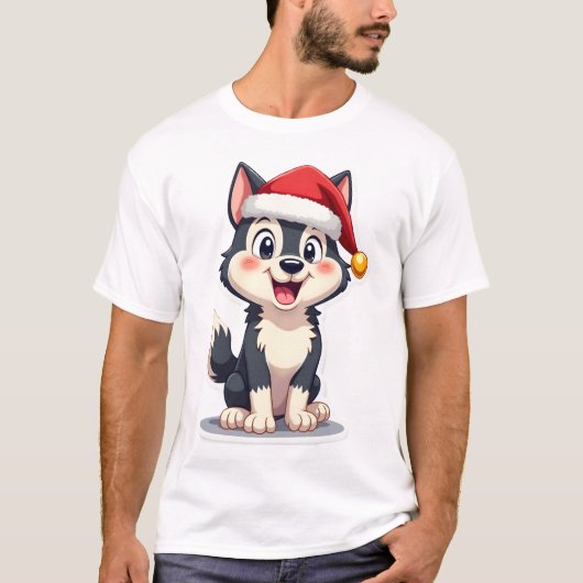 クリスマスのハスキー犬ラバー マラミュート(2) Tシャツ (正面)