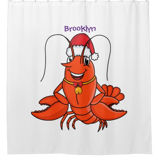 クリスマスのハットロブスターを着た可愛い幸せアニメ シャワーカーテン (正面)