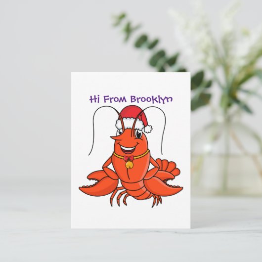 クリスマスのハットロブスターを着た可愛い幸せアニメ ポストカード (スタンド正面)