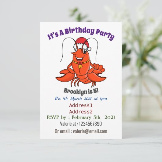 クリスマスのハットロブスターを着た可愛い幸せアニメ 招待状 (スタンド正面)