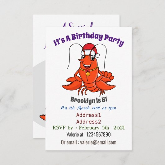 クリスマスのハットロブスターを着た可愛い幸せアニメ 招待状 (正面/裏面)