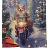 クリスマスのバイクに乗るコーギー犬 シャワーカーテン (正面)