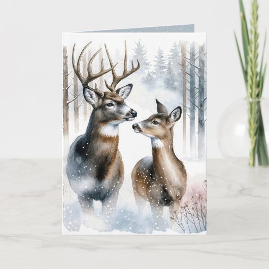 クリスマスのバクとメスの鹿の水彩画 シーズンカード (正面)