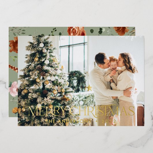 クリスマスのバジェットエレガントボタニカルフローラ 箔シーズンカード (正面/裏面)