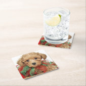 クリスマスのバスケットに坐っているプードルの子犬 スクエアペーパーコースター (インサイチュ)