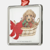 クリスマスのバスケットに坐っているプードルの子犬 メタルオーナメント (左)