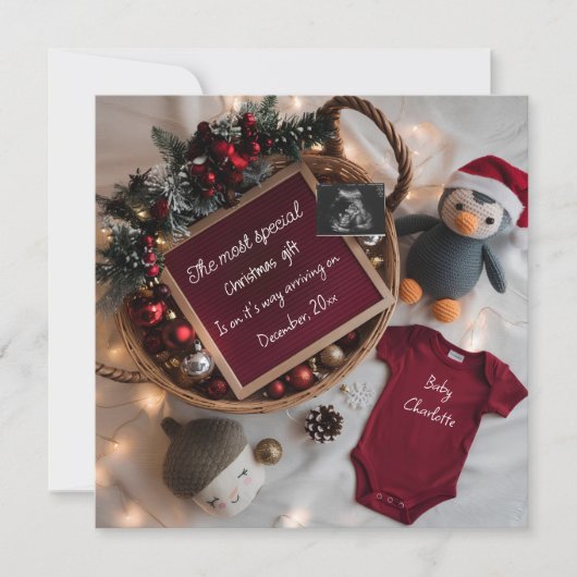 クリスマスのバスケットを使った妊娠発表 招待状 (正面)