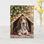 クリスマスのバセットハウンドの犬小屋 カード (黄色い花)
