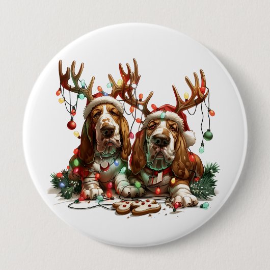クリスマスのバセットハウンド犬 缶バッジ (正面)