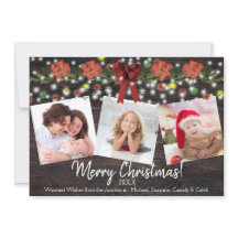 クリスマスのバラエティー写真3枚を飾るラスティックバーンウッドとライト