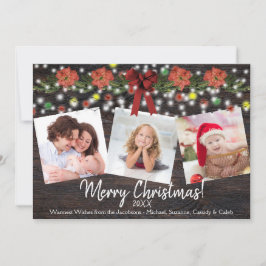 クリスマスのバラエティー写真3枚を飾るラスティックバーンウッドとライト シーズンカード