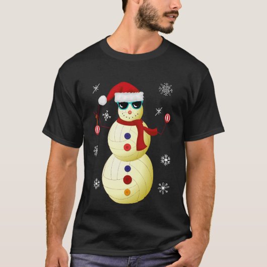 クリスマスのバレーボールの雪だるまのサンタの帽子のギフト Tシャツ (正面)
