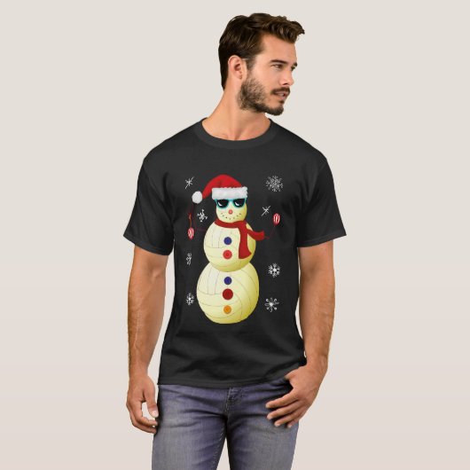 クリスマスのバレーボールの雪だるまのサンタの帽子のギフト Tシャツ (正面フル)