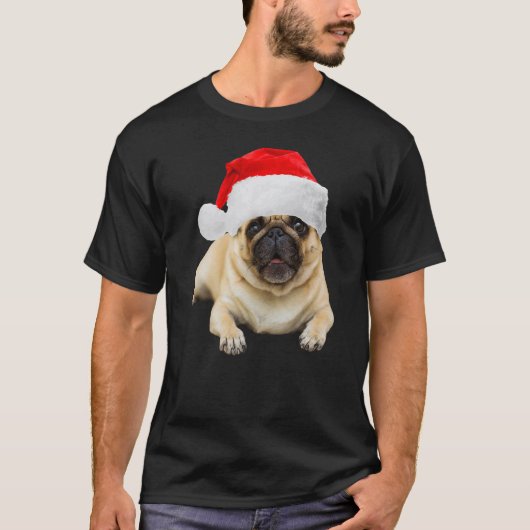 クリスマスのパグのサンタ帽子の画像 パグスタグラム Tシャツ (正面)