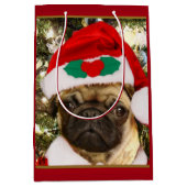 クリスマスのパグの子犬のギフトバッグ ミディアムペーパーバッグ (正面)