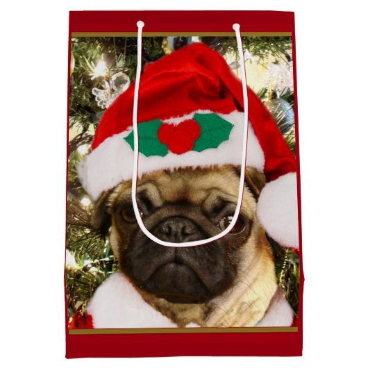 クリスマスのパグの子犬のギフトバッグ ミディアムペーパーバッグ (裏面)