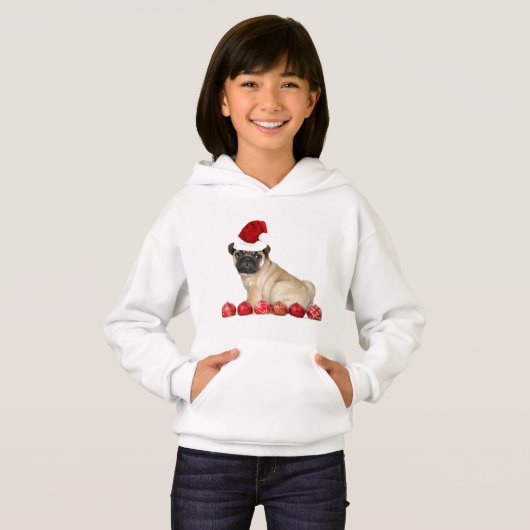 クリスマスのパグ犬はフード付きスウェットシャツをからかいます (正面フル)