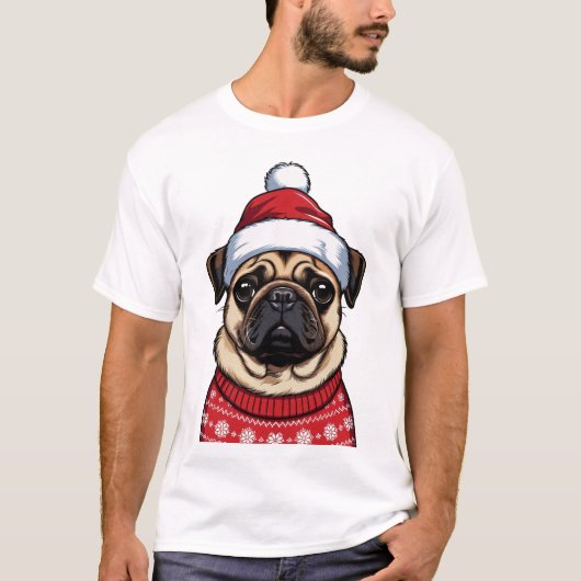 クリスマスのパグ Tシャツ (正面)