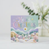 クリスマスのパステル調の冬の村の雪の家 カード (スタンド正面)