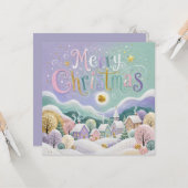 クリスマスのパステル調の冬の村の雪の家 カード (正面/裏面インサイチュ)
