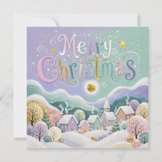クリスマスのパステル調の冬の村の雪の家 カード (正面)