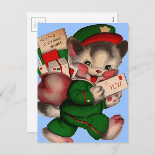 クリスマスのパッケージを配達する愛らしいメールの子猫 シーズンポストカード (正面/裏面)