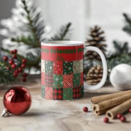 クリスマスのパッチワーク柄 グリーン レッド コーヒーマグカップ