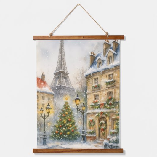 クリスマスのパリの壁掛けタペストリー - 水彩画 吊り下げ型タペストリー (正面)