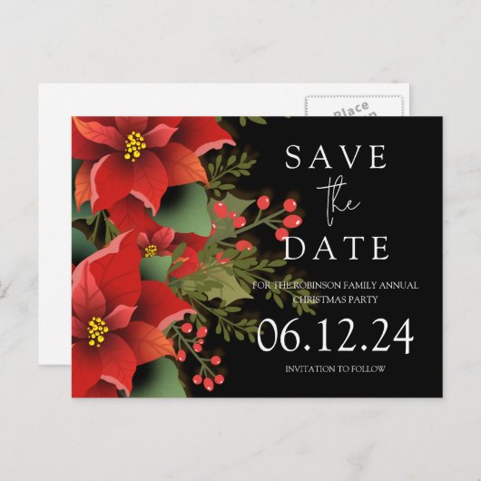 クリスマスのパーティーはPoinsettiaブラックの日付を保存 案内ポストカード (正面/裏面)