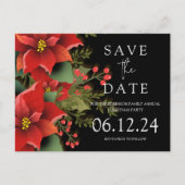 クリスマスのパーティーはPoinsettiaブラックの日付を保存 案内ポストカード (正面)